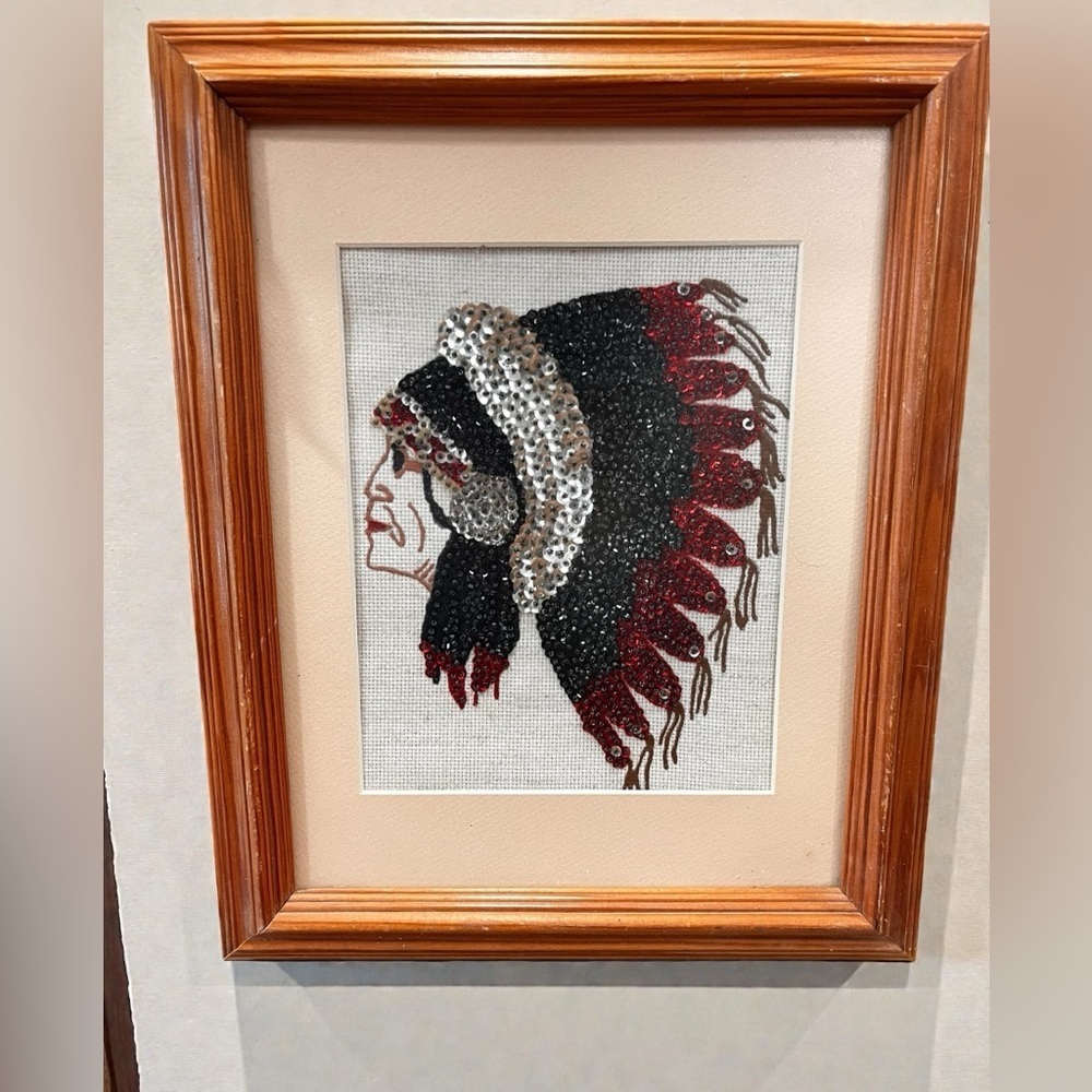 Mid century kitsch Native American Chief wall art beaded sequined fiber framed